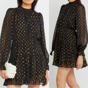 Anthropologie OPT Lluvia Dress-Black/Metallic Gold Smocked Dress